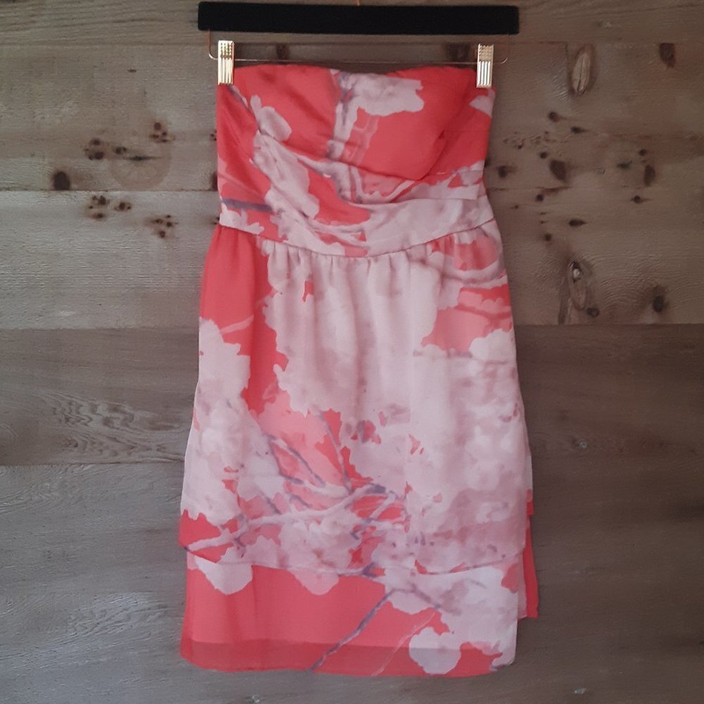 Coral and Pink Floral Strapless Dress Size 2